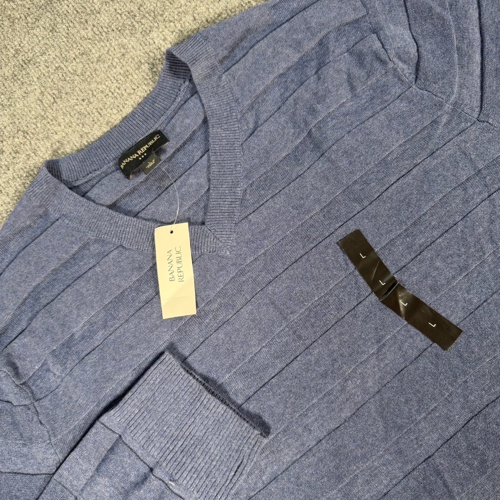 Banana Republic Mens Blue Textured Stripe V-Neck Cotton Sweater L NWT #4340
